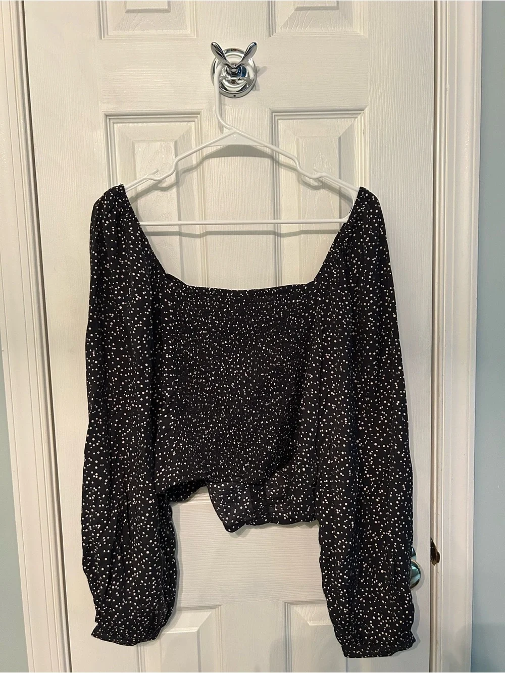 A New Day Women’s Black Off-Shoulder Long Sleeve Top with White Dot Print Size